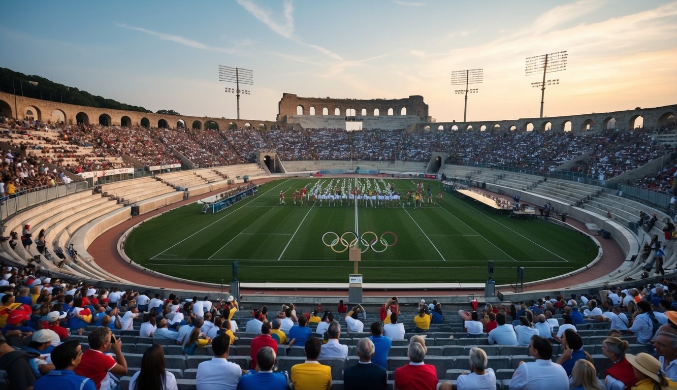 Stadion Olimpiade kuno dipenuhi dengan penonton yang bersorak dan atlet yang bersaing dalam berbagai acara