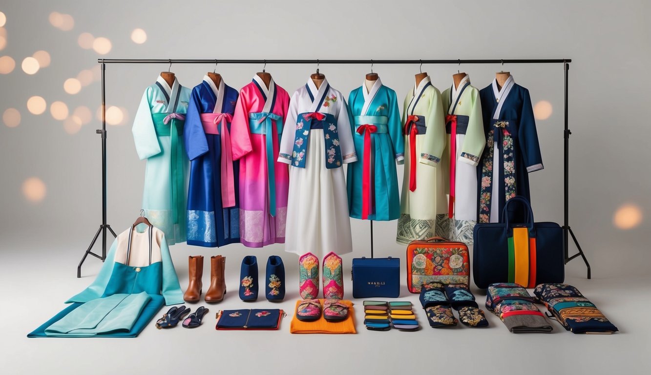 Sebuah rangkaian berwarna-warni dari item fashion Korea termasuk hanbok, streetwear modern, dan aksesori tradisional yang ditampilkan di latar belakang yang bersih dan minimalis