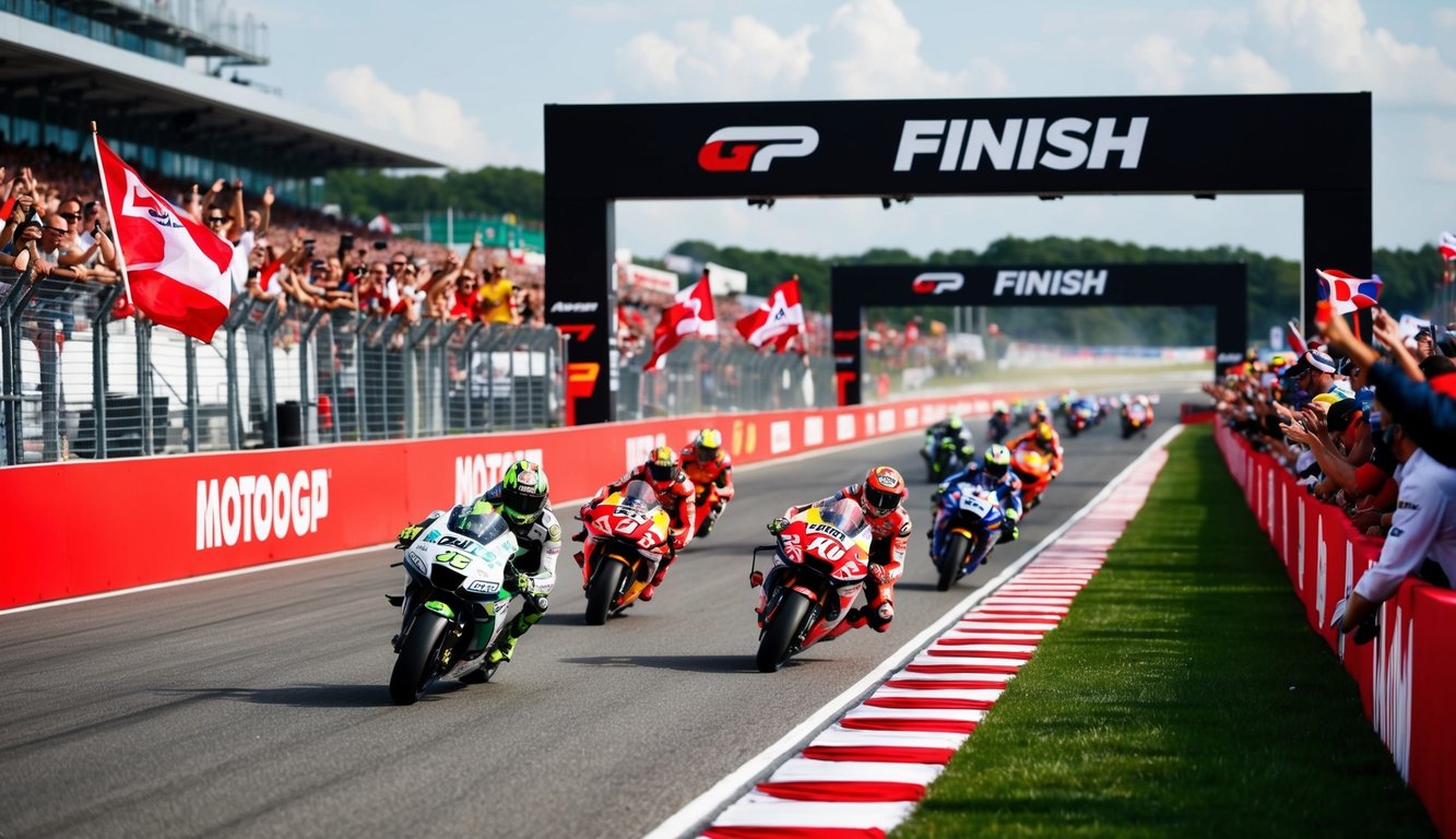 Garis finish balapan MotoGP dengan penggemar yang bersorak dan mengibarkan bendera