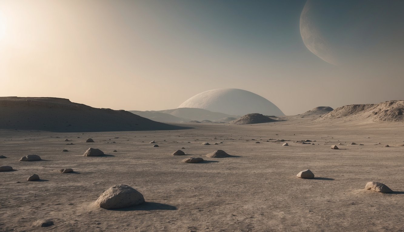 Permukaan gersang dan berbatu dengan kawah dan langit berkabut di Planet Merkurius