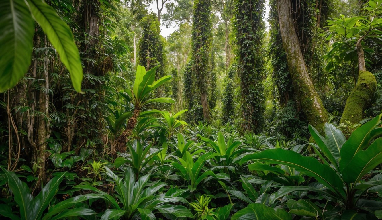 Hutan yang subur dipenuhi dengan flora dan fauna unik, menampilkan kekayaan biodiversitas dari spesies endemik