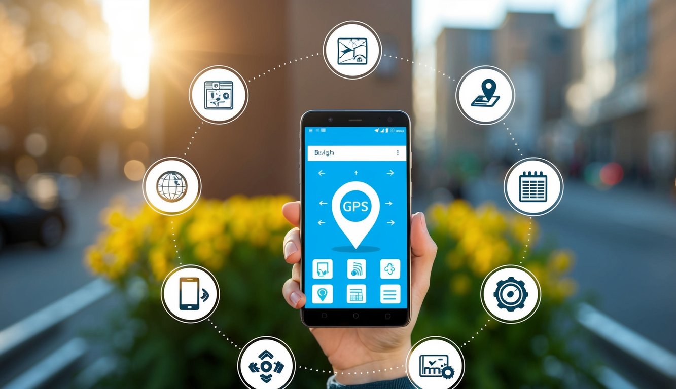Sebuah smartphone dengan fungsi GPS yang disorot, dikelilingi oleh ikon yang mewakili berbagai fitur navigasi