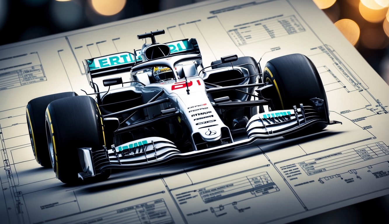 Gambar teknik rinci dari mesin F1, menunjukkan komponen dan spesifikasinya yang rumit