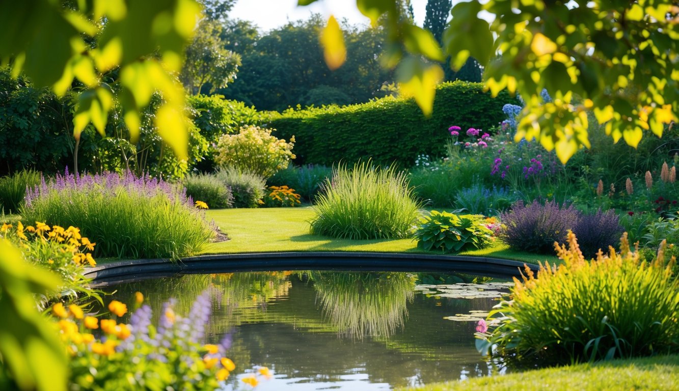 Sebuah taman yang tenang dengan kolam yang damai dikelilingi oleh pepohonan yang rimbun dan bunga-bunga berwarna-warni, dengan angin sepoi-sepoi yang membisikkan daun-daun.