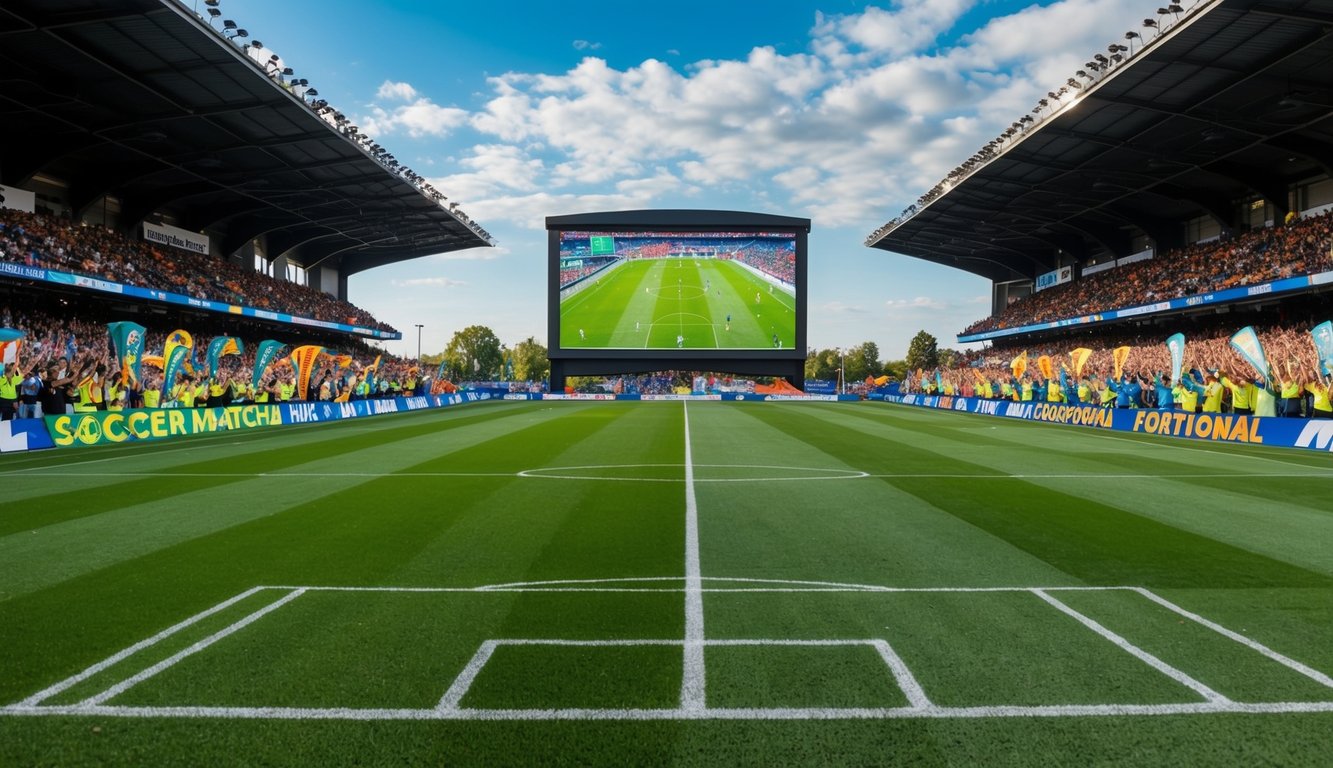 Sebuah lapangan sepak bola dengan layar besar yang menampilkan pertandingan langsung, dikelilingi oleh penggemar yang bersorak dan spanduk berwarna-warni