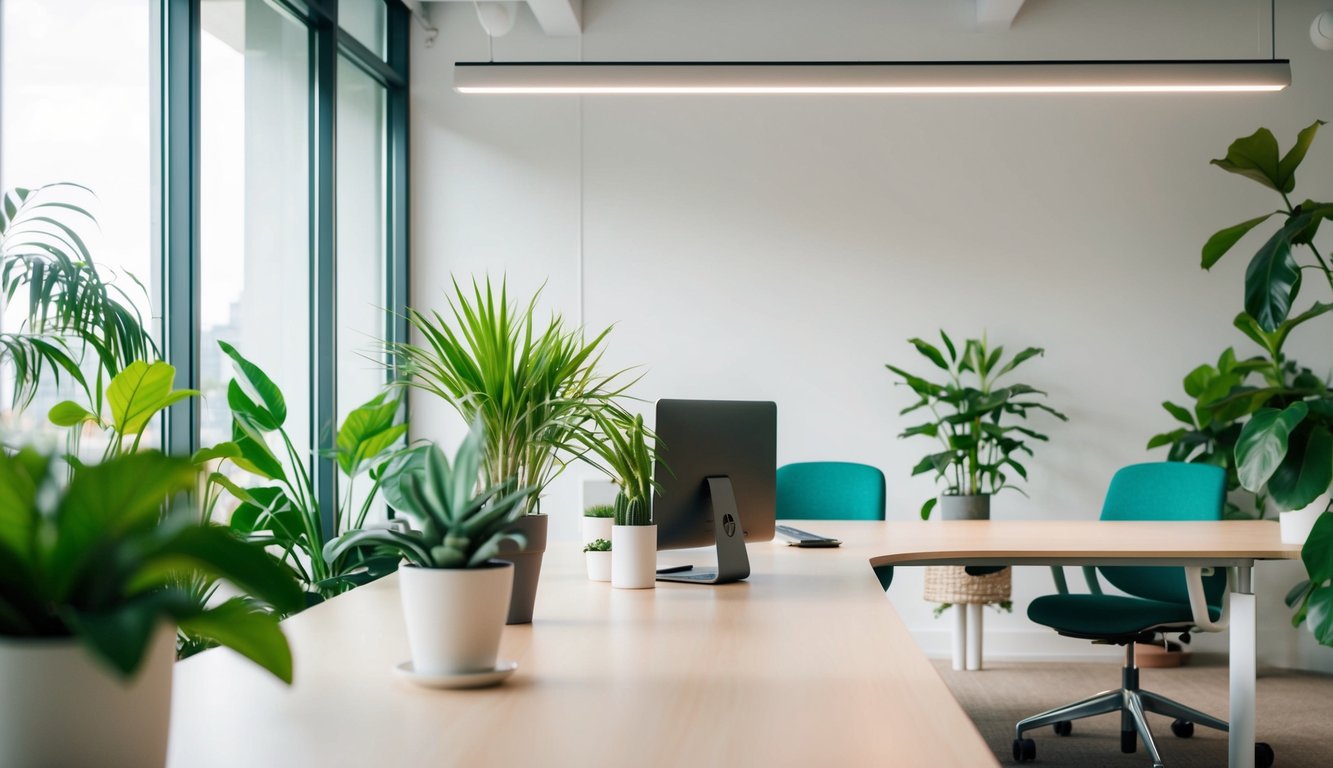 Ruang kantor yang tenang dengan cahaya alami, tanaman, dan warna yang menenangkan, mendukung kesejahteraan mental