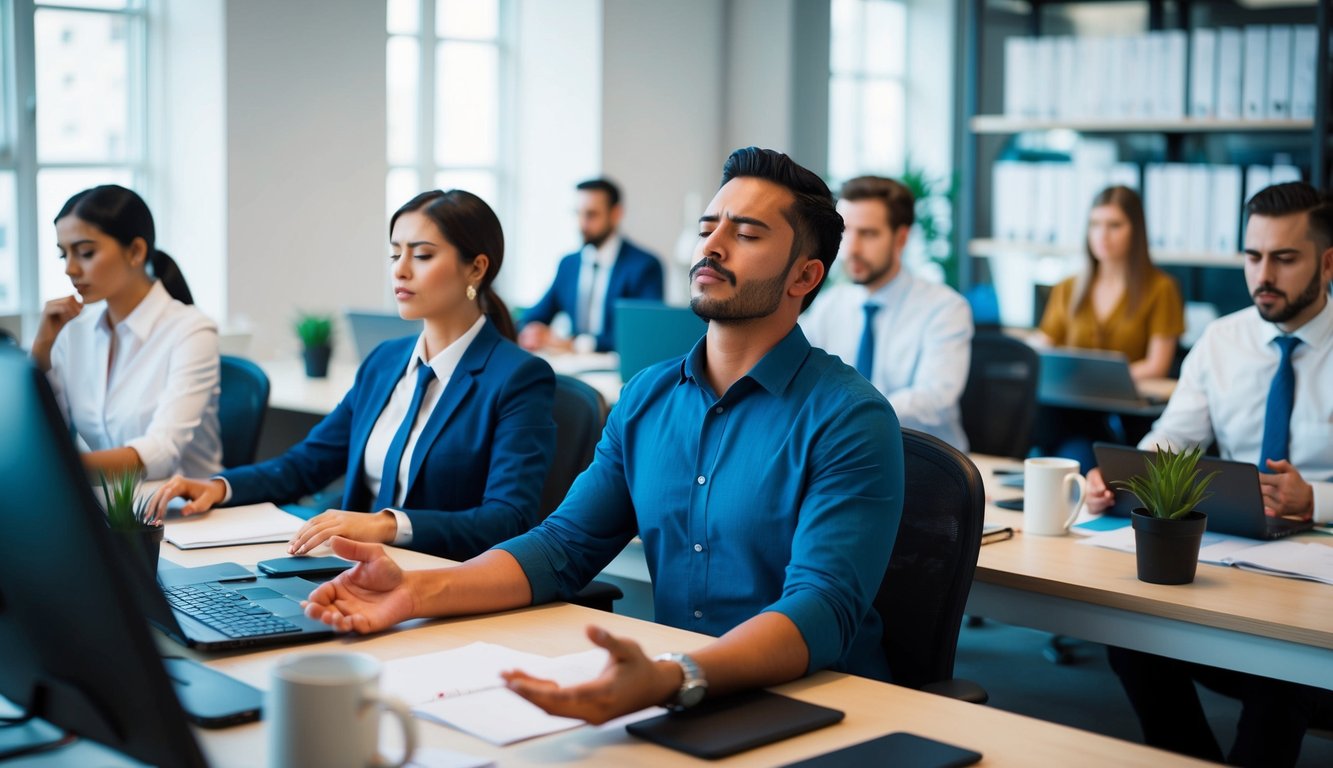 Sebuah kantor yang sibuk dengan karyawan di meja mereka, beberapa terlihat stres, sementara yang lain sedang mengambil napas dalam-dalam atau berlatih latihan mindfulness.