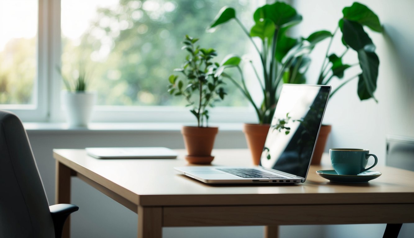 Sebuah meja kantor yang tenang dengan laptop, tanaman pot, dan secangkir teh, disinari oleh cahaya alami lembut dari jendela terdekat