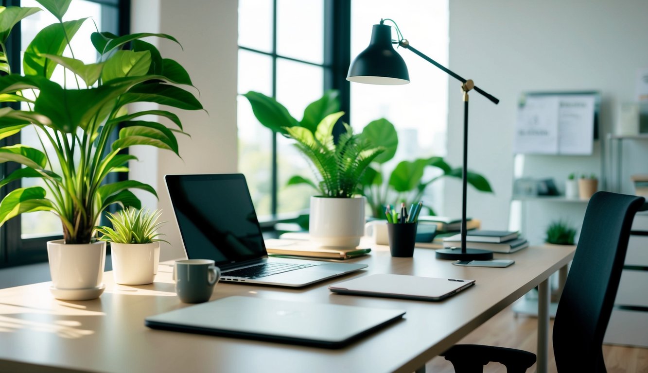 Sebuah ruang kantor yang tenang dengan tanaman hijau subur, pencahayaan alami, dan perlengkapan meja yang teratur, membangkitkan rasa produktivitas dan kesejahteraan mental.