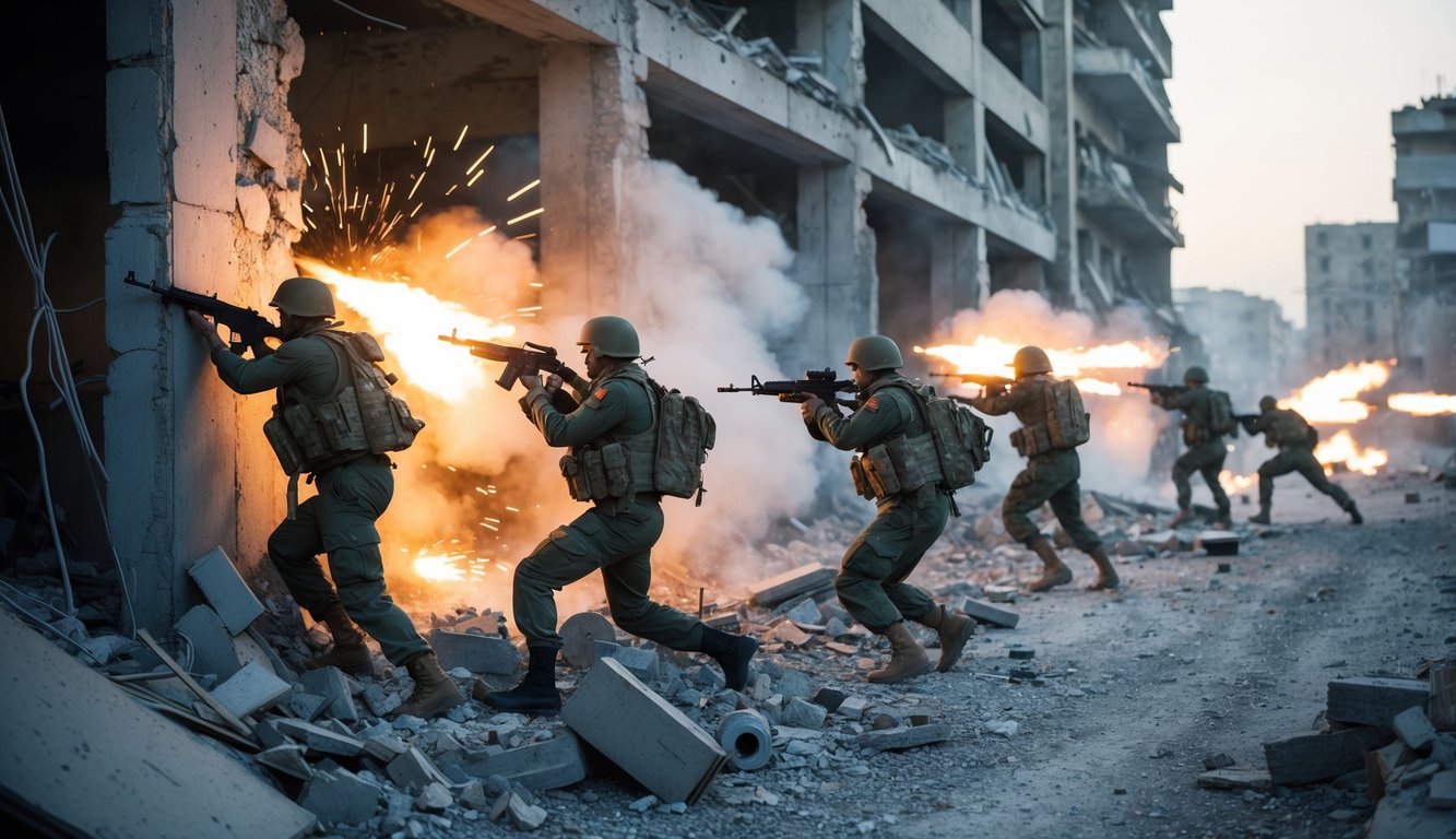 Pertempuran sengit di zona perang perkotaan, dengan tentara berlindung di balik bangunan yang hancur dan saling menembak di Turnamen Point Blank