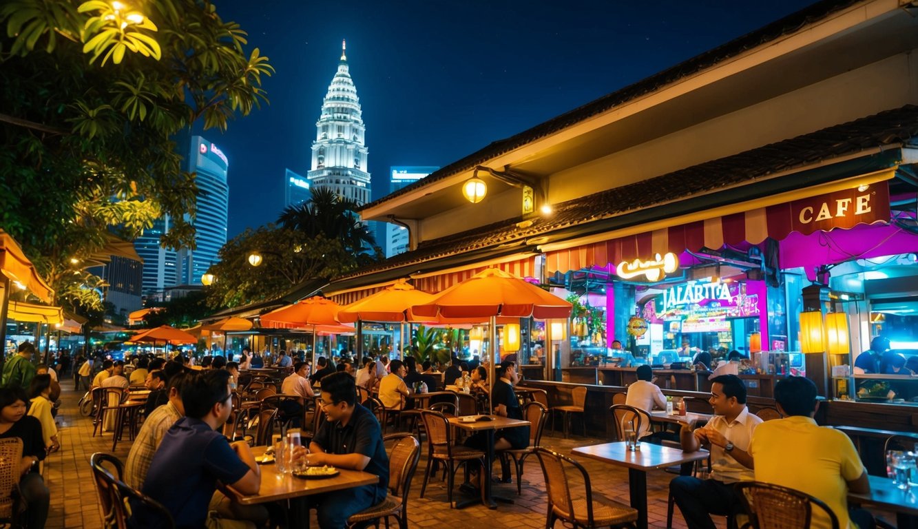 Suasana malam Jakarta yang ramai dengan kafe yang hidup, lampu yang bersinar, dan aktivitas yang sibuk