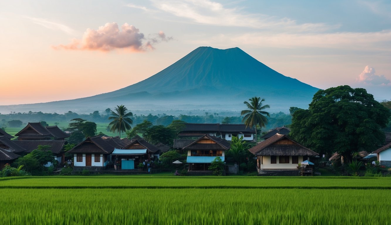 Sebuah desa Jawa dengan rumah tradisional, sawah yang subur, dan latar belakang gunung berapi