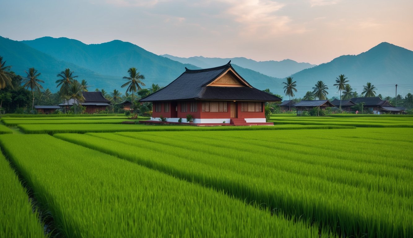 Sebuah rumah tradisional Sunda yang dikelilingi oleh sawah hijau subur dan pegunungan