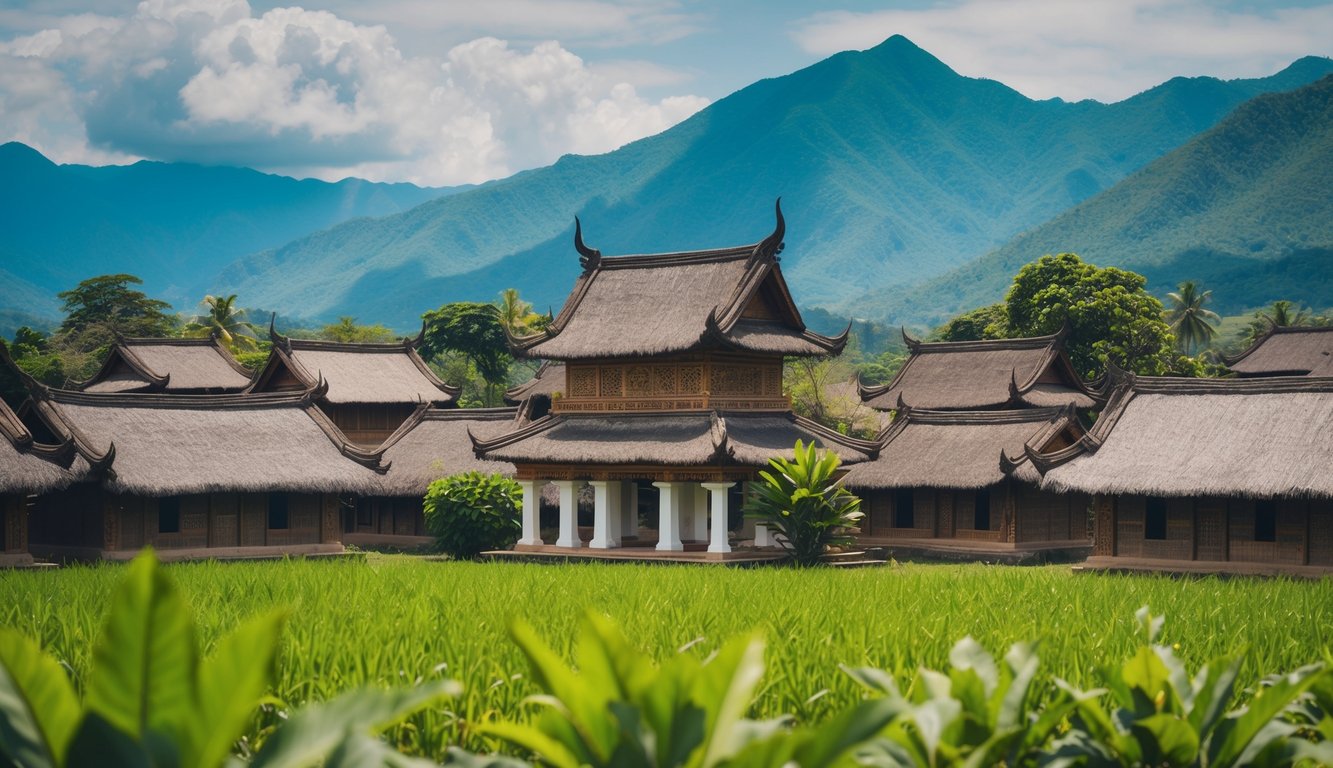 Sebuah desa tradisional Suku Batak dengan arsitektur unik dan ukiran yang rumit, dikelilingi oleh pepohonan hijau subur dan pegunungan