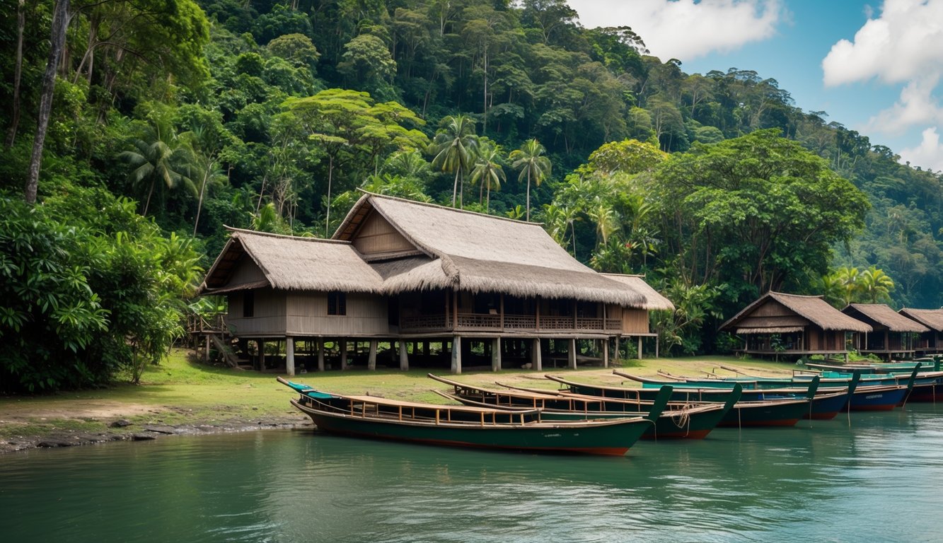 Sebuah rumah panjang Dayak yang terletak di hutan hujan Borneo yang rimbun, dengan sungai mengalir di dekatnya dan perahu tradisional berlabuh di sepanjang pantai