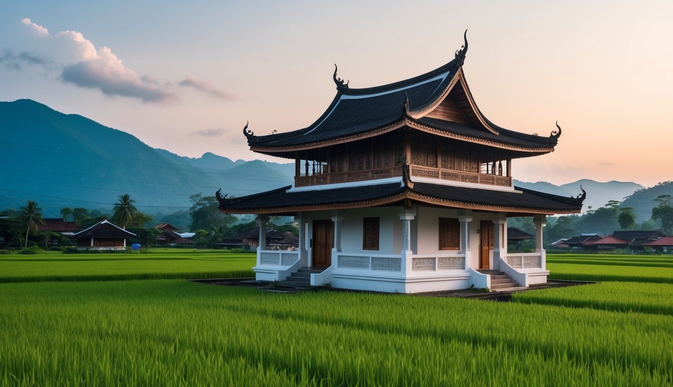 Sebuah rumah Minangkabau tradisional dengan atap melengkung yang khas dan ukiran yang rumit, dikelilingi oleh sawah yang subur dan pegunungan