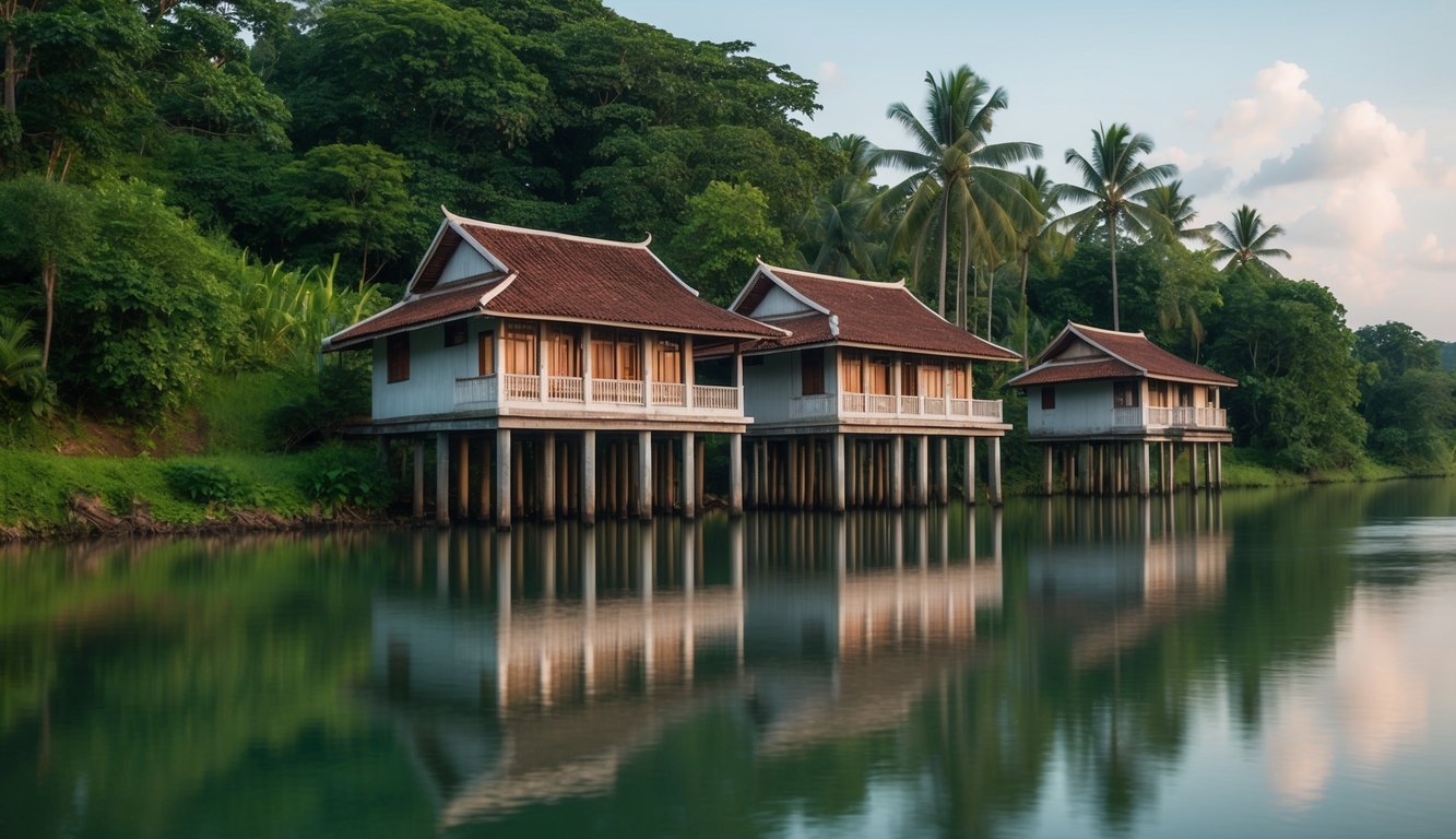 Sebuah rumah Bugis tradisional di atas tiang, dikelilingi oleh pepohonan hijau yang rimbun dan sungai yang tenang