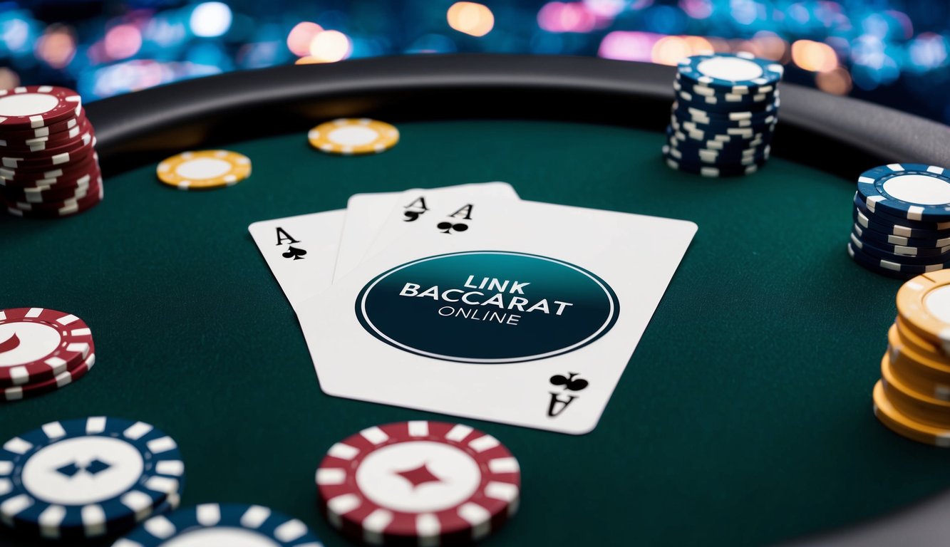 Antarmuka kasino online yang ramping dan modern dengan tombol "Link Baccarat Online" yang mencolok dikelilingi oleh desain kartu yang elegan dan chip kasino