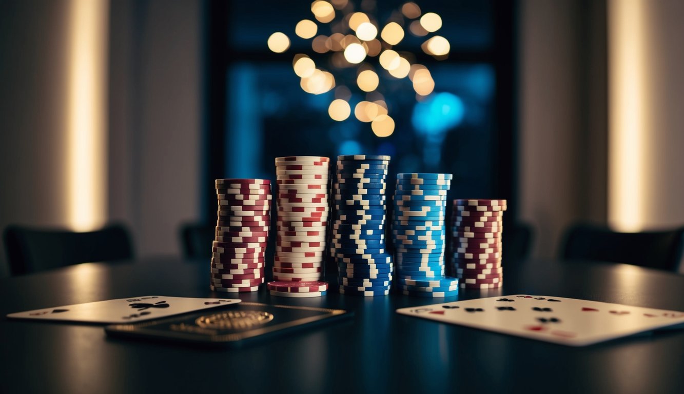 Sekelompok chip poker dan kartu bermain yang disusun di atas meja modern yang ramping di ruangan yang redup dengan suasana yang percaya diri dan misterius