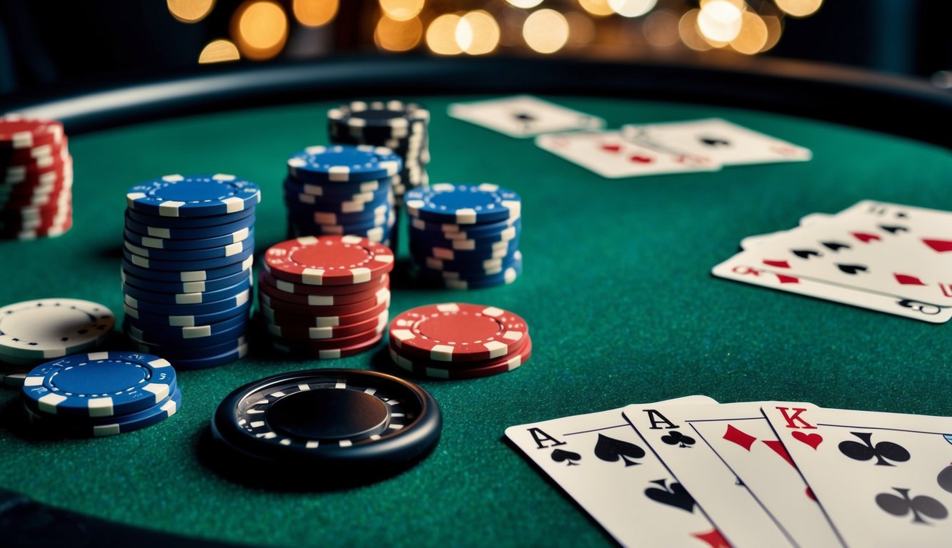 Sekelompok chip poker dan kartu bermain tersebar di atas meja felt hijau. Sebuah tombol dealer dan satu dek kartu juga hadir.