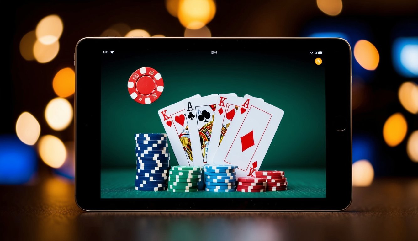 Sebuah perangkat digital dengan kartu poker dan chip yang ditampilkan di layar