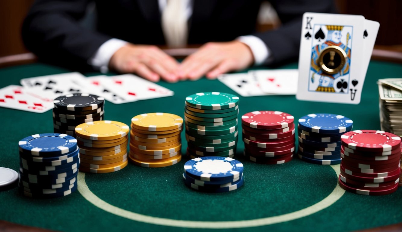 Sekelompok chip poker dan kartu remi yang disusun di atas meja felt hijau, dengan tombol dealer dan tumpukan uang tunai di latar belakang