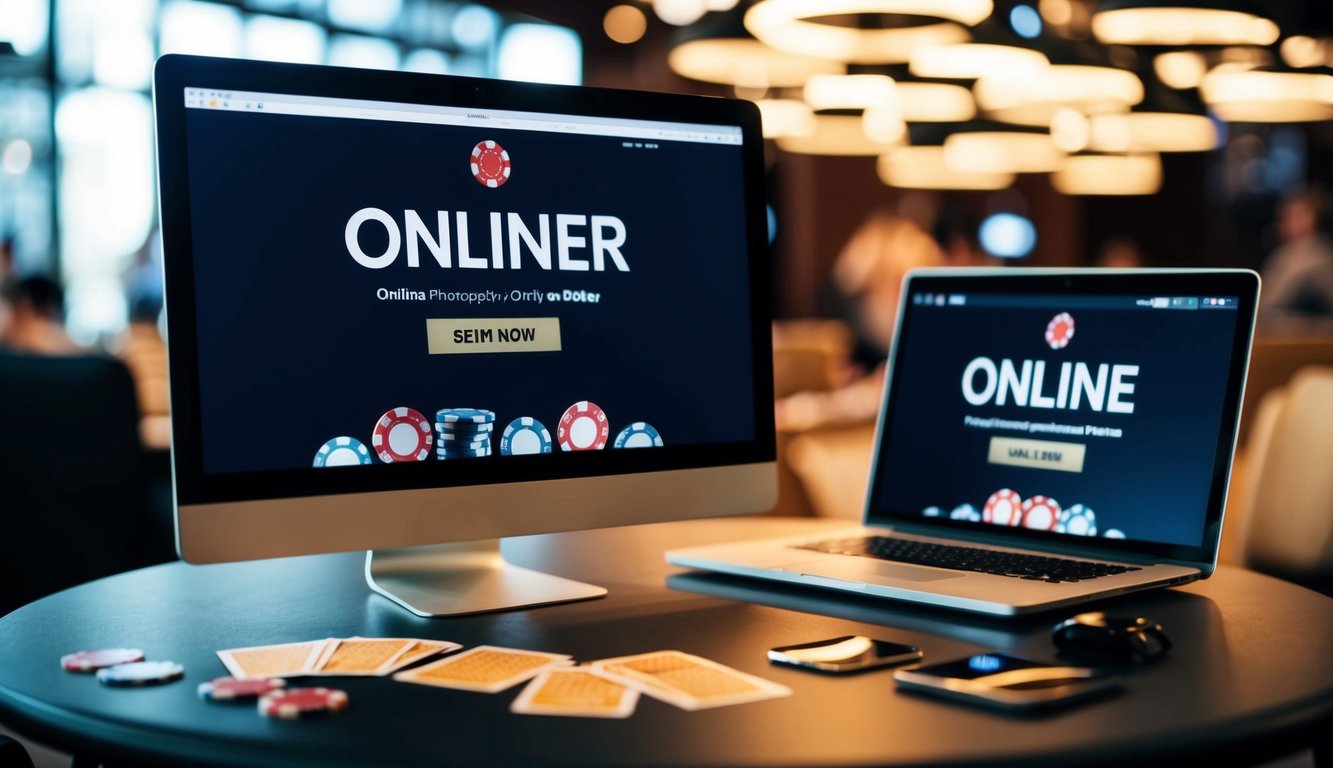 Sebuah meja dengan chip poker, kartu, dan komputer yang menampilkan situs web poker online