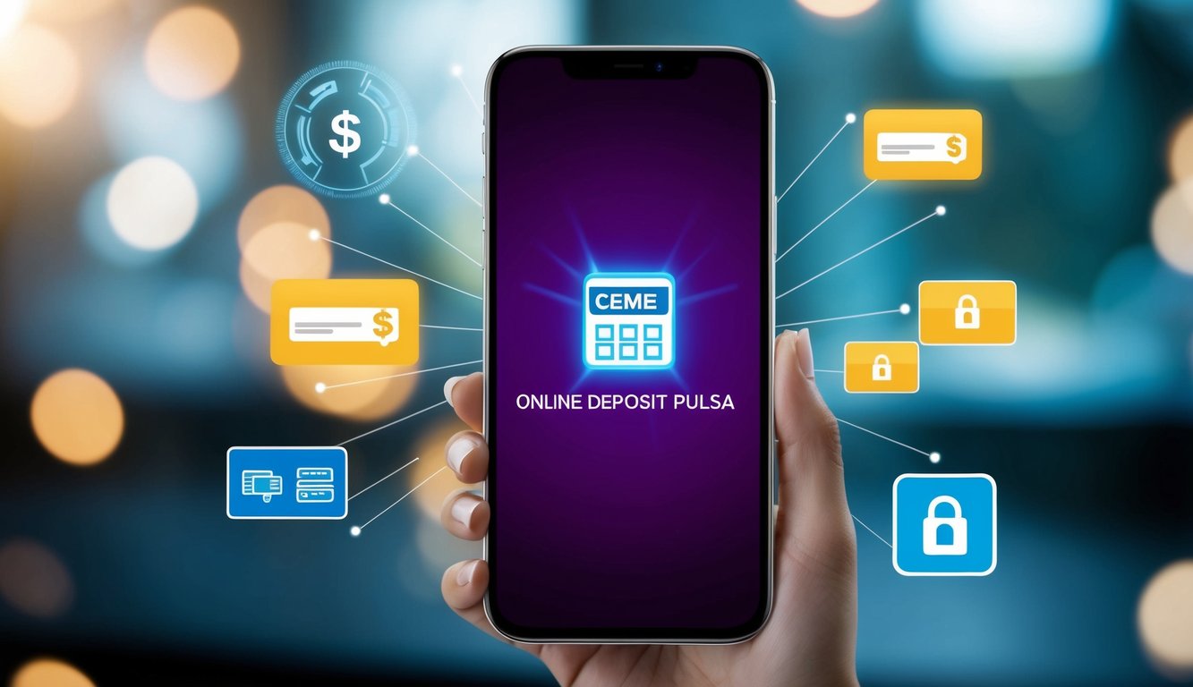 Sebuah smartphone dengan layar yang bersinar menampilkan transaksi Ceme Online Deposit Pulsa, dikelilingi oleh ikon dan simbol pembayaran digital