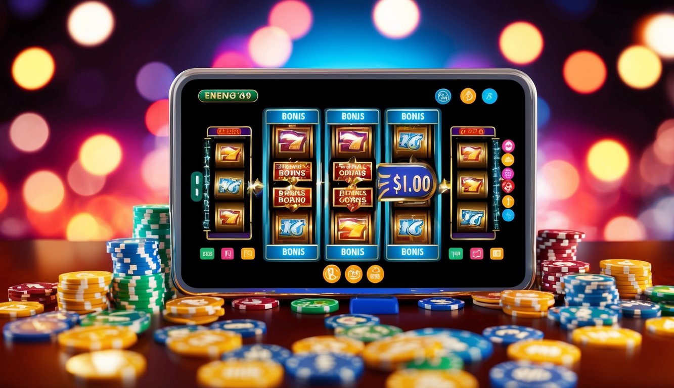 Sebuah mesin slot online yang cerah dikelilingi oleh berbagai ikon bonus