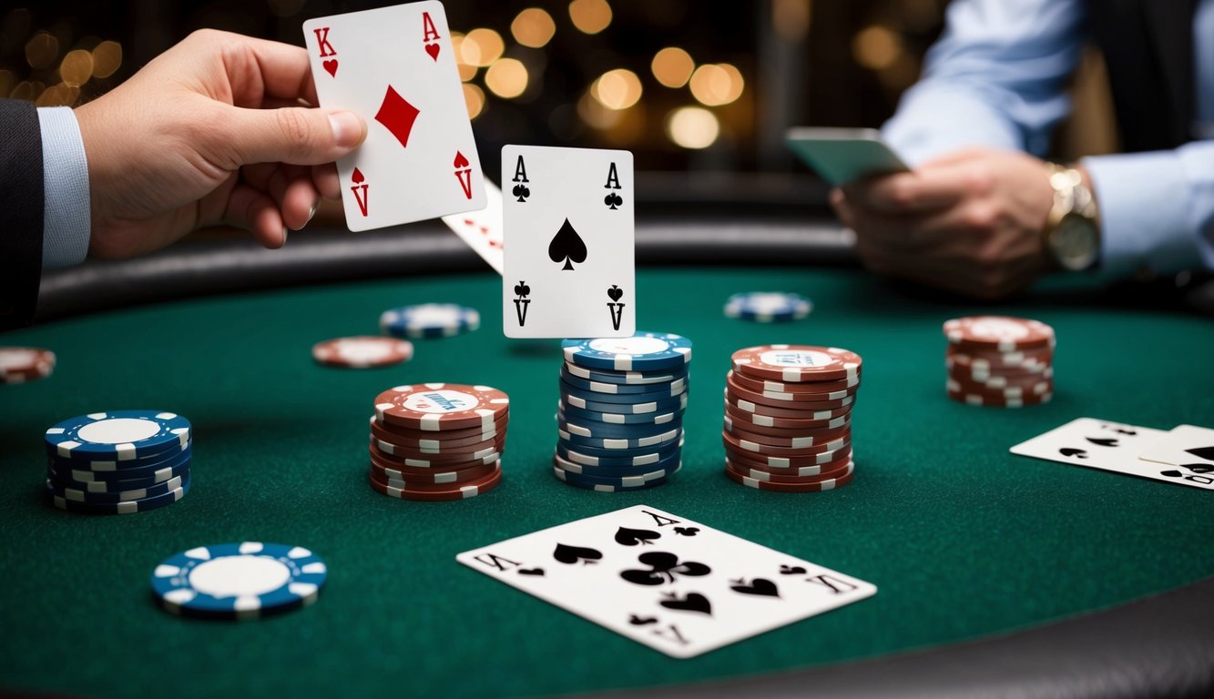 Sekelompok chip poker berserakan di atas meja felt hijau, dengan kartu yang dibagikan oleh dealer virtual