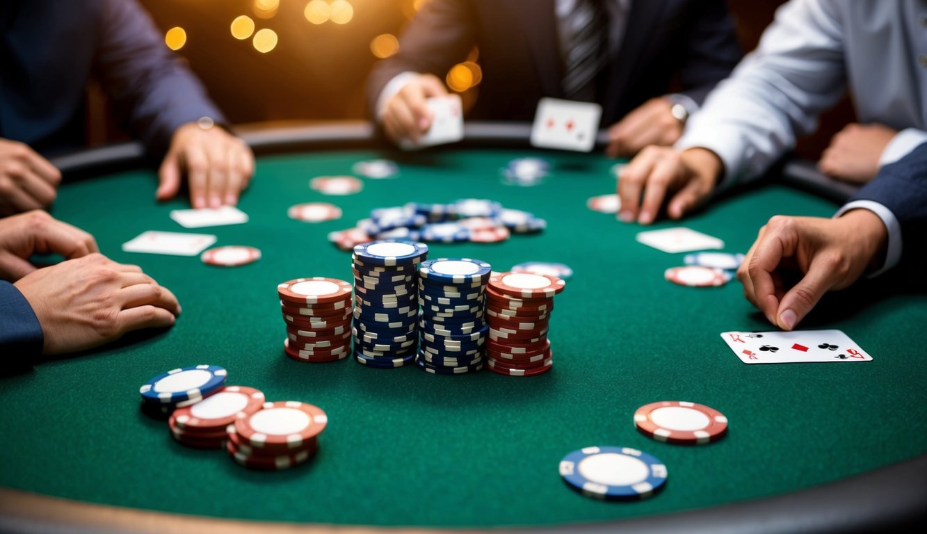 Sekelompok chip poker tersebar di atas meja felt hijau, dengan kartu yang sedang dibagikan dan pemain dalam konsentrasi yang intens.