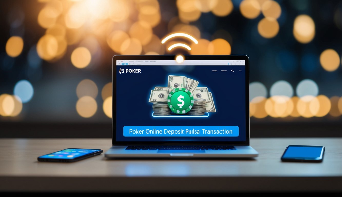 Sebuah perangkat digital yang menampilkan transaksi deposit pulsa poker online dengan sinyal berdenyut yang menunjukkan pembayaran berhasil