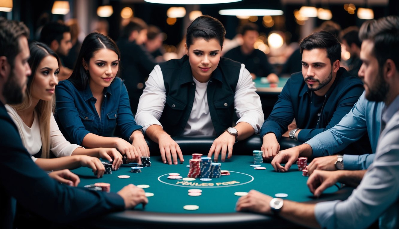 Sekelompok orang berkumpul di sekitar meja poker, chip dan kartu berserakan, dengan ekspresi intens saat mereka bermain poker online