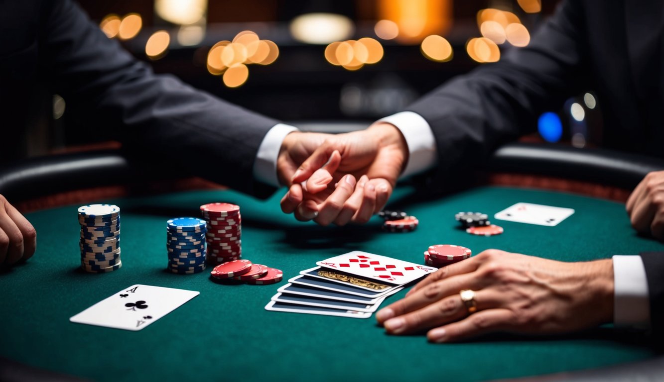 Meja poker dengan kartu, chip, dan tangan dealer