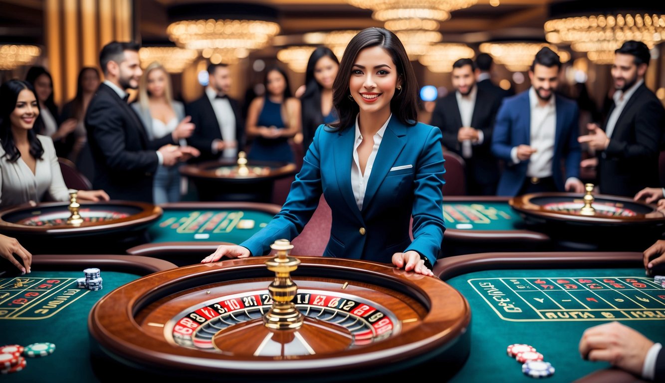 Sebuah kasino virtual yang ramai dengan meja roulette, blackjack, dan poker, dikelilingi oleh pemain online yang antusias dan dealer yang ceria