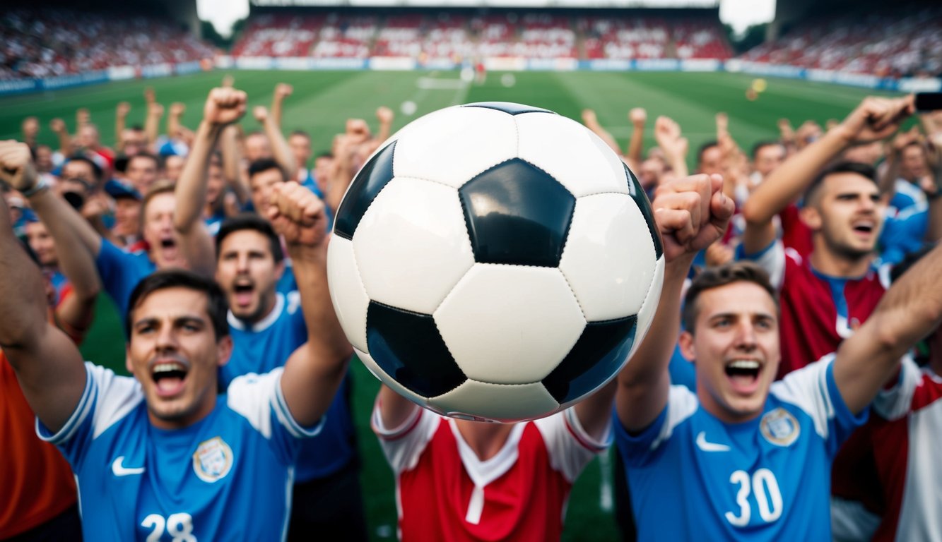 Sebuah bola sepak dikelilingi oleh penggemar yang bersorak di stadion