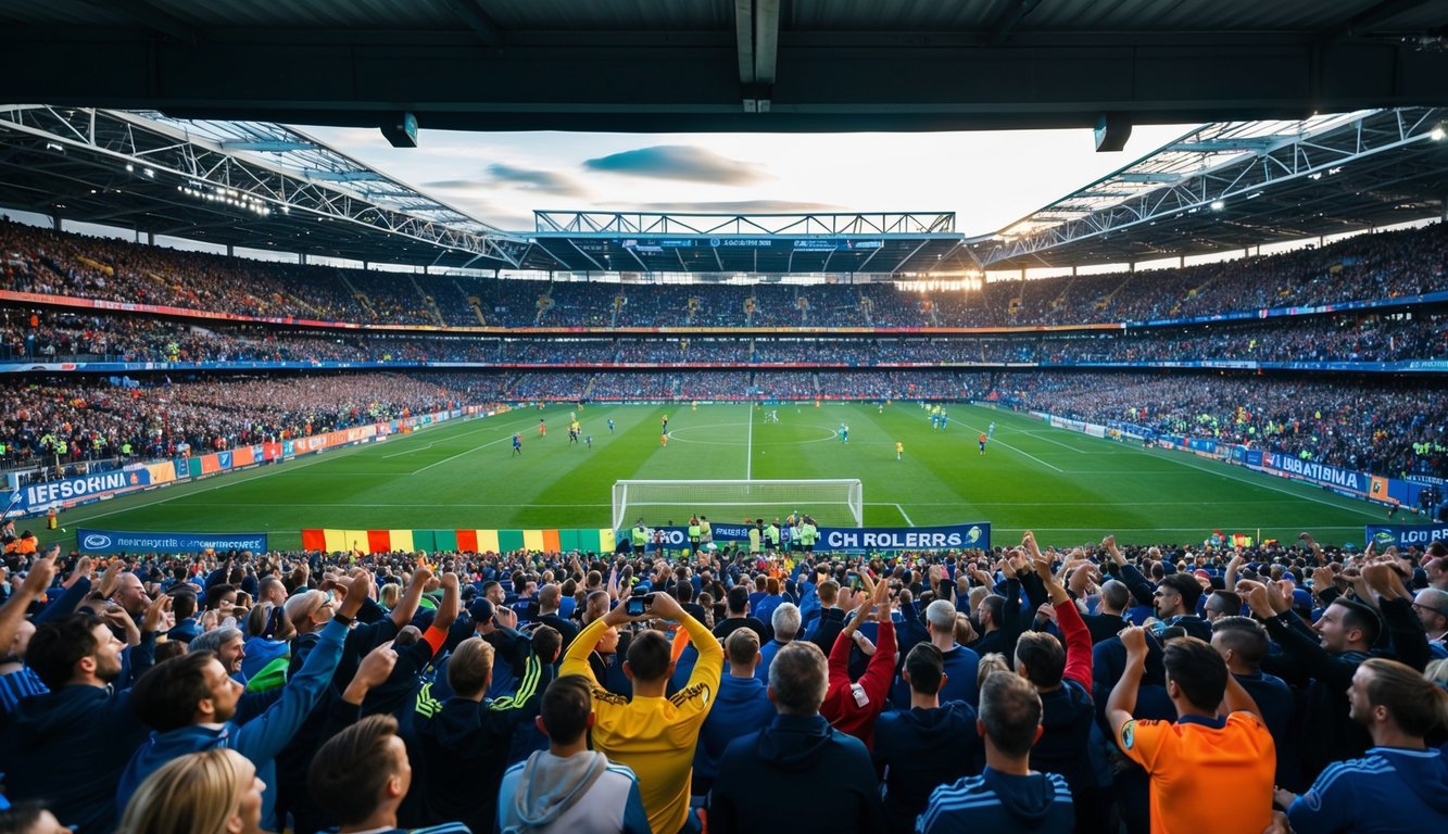 Sebuah stadion yang ramai dengan penggemar yang bersorak, spanduk berwarna-warni, dan pertandingan sepak bola yang mendebarkan sedang berlangsung