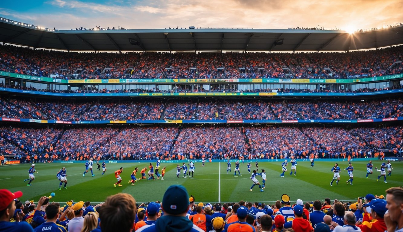 Sebuah stadion yang ramai dipenuhi dengan penggemar yang bersorak dan spanduk berwarna-warni, sementara para pemain bersaing di lapangan