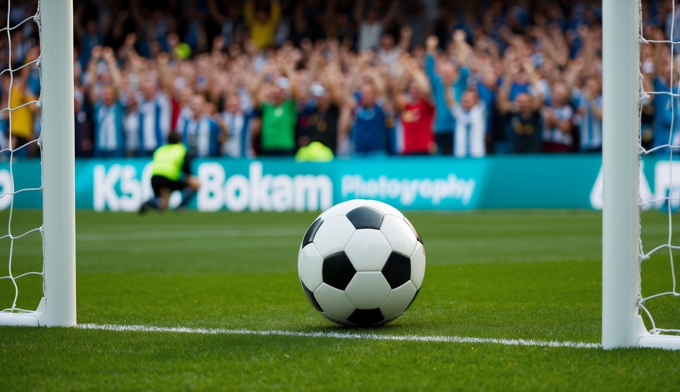 Sebuah bola sepak dan tiang gawang di lapangan hijau, dengan kerumunan penggemar yang bersorak di latar belakang