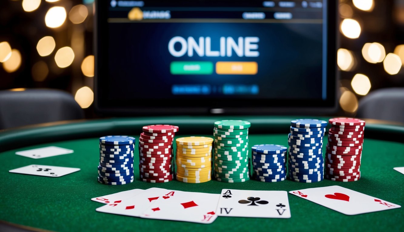 Sekelompok chip poker berwarna-warni disusun di atas meja felt hijau, dengan kartu-kartu yang tersebar di sekitarnya dan antarmuka perjudian online yang ramping di layar di latar belakang