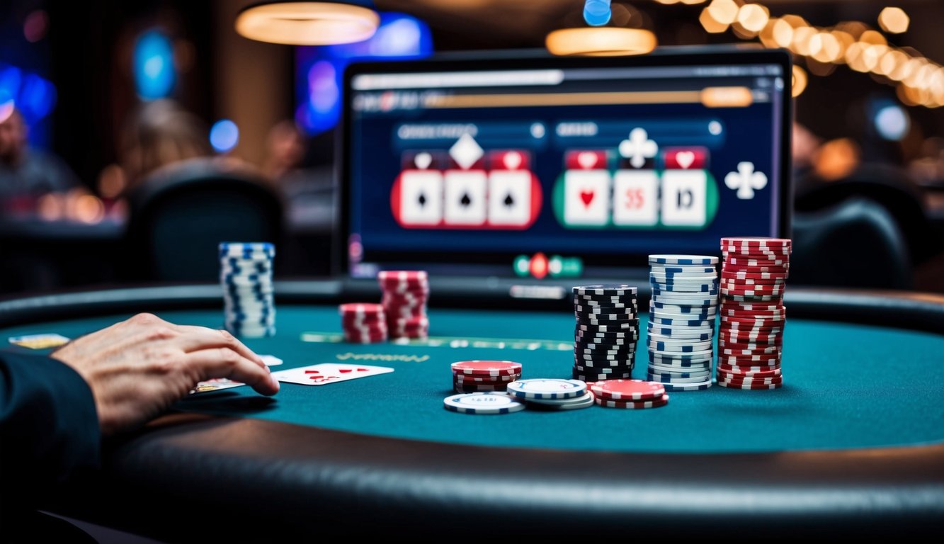 Meja poker digital dengan kartu, chip, dan layar komputer yang menampilkan permainan online