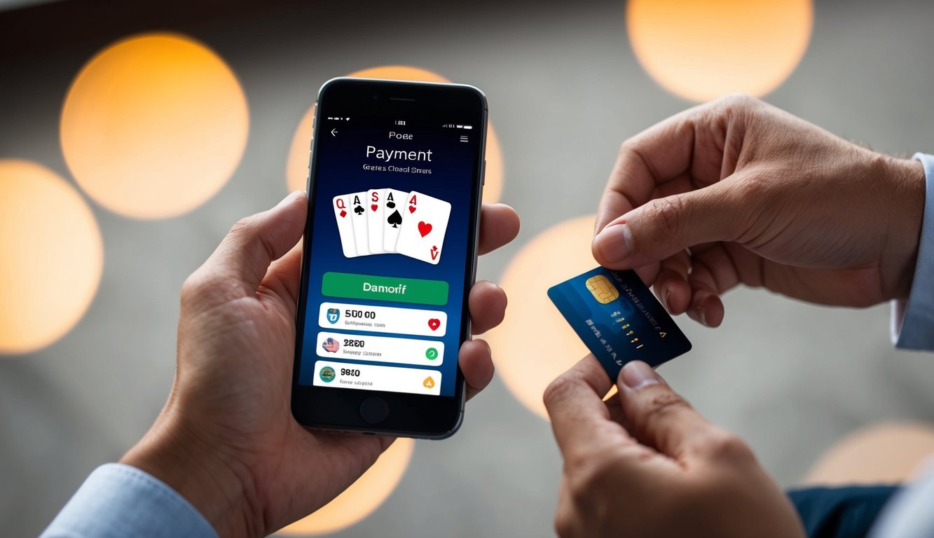 Sebuah tangan memegang smartphone dengan aplikasi poker terbuka, sementara tangan lainnya menggunakan layanan pembayaran mobile untuk menyetor kredit.