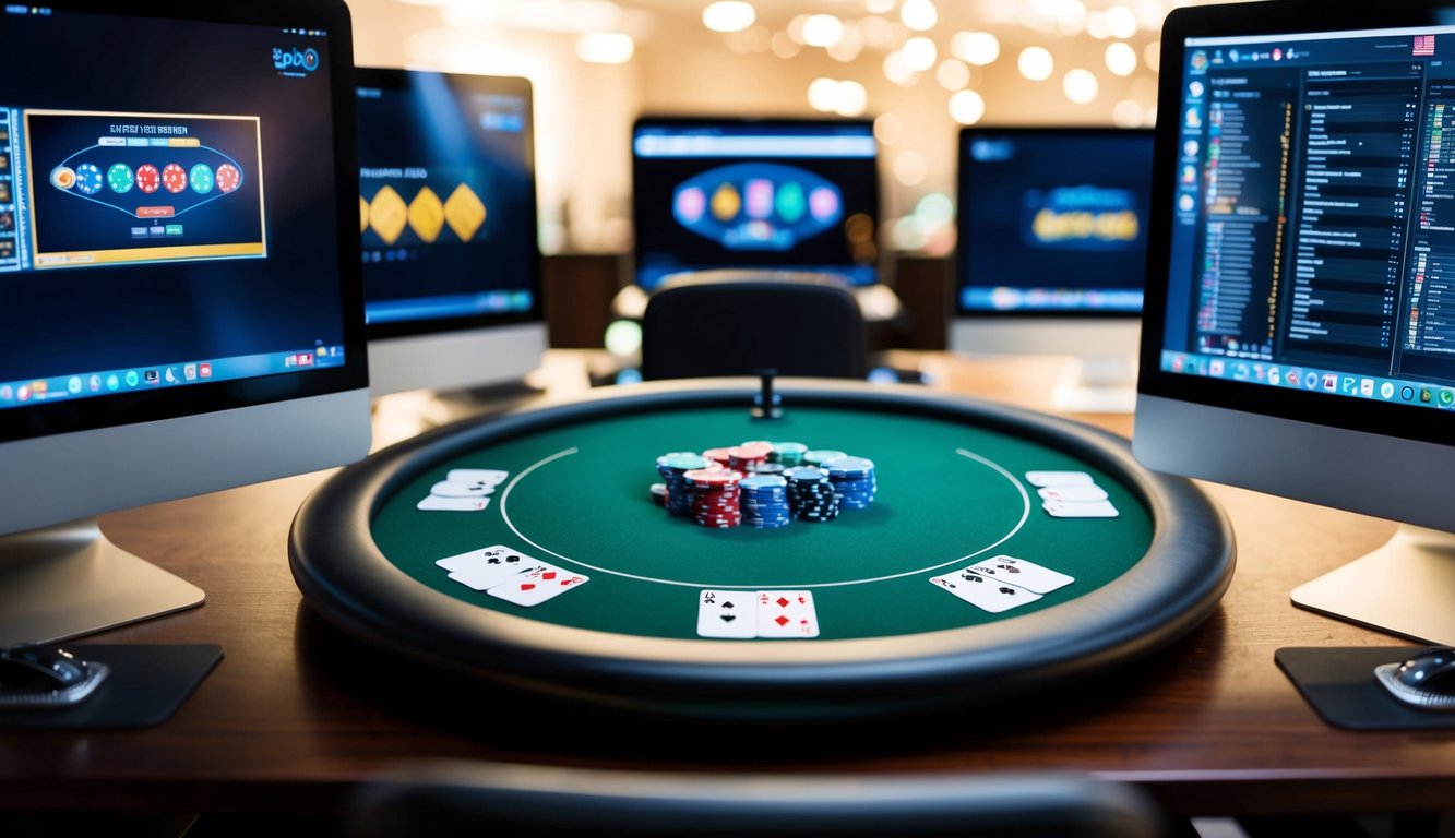 Meja poker virtual dengan kartu dan chip, dikelilingi oleh layar komputer dan antarmuka digital