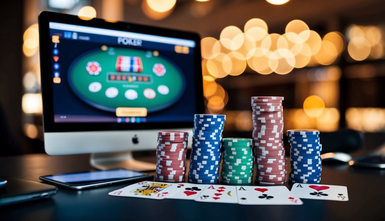 Sekelompok chip poker, kartu, dan layar komputer dengan permainan poker yang ditampilkan