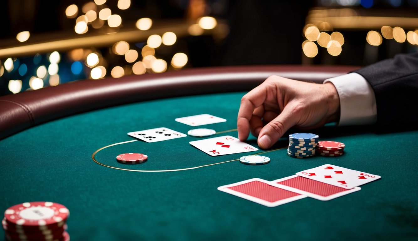 Sebuah meja poker dengan kartu, chip, dan tombol dealer