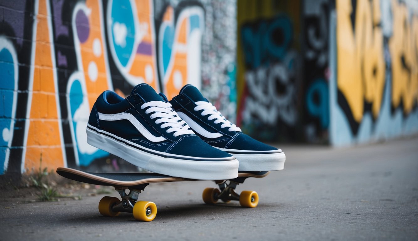 Sekumpulan sepatu Vans Old Skool diletakkan di atas skateboard di samping dinding yang dipenuhi grafiti