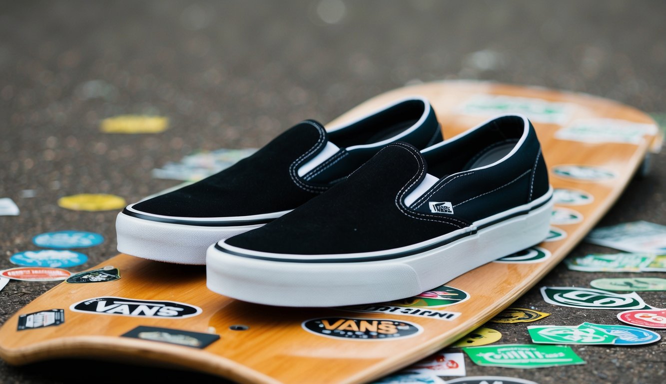 Sepasang sepatu Vans Slip-On diletakkan di atas dek skateboard kayu, dikelilingi oleh stiker skateboard yang berserakan dan grip tape yang sudah aus.