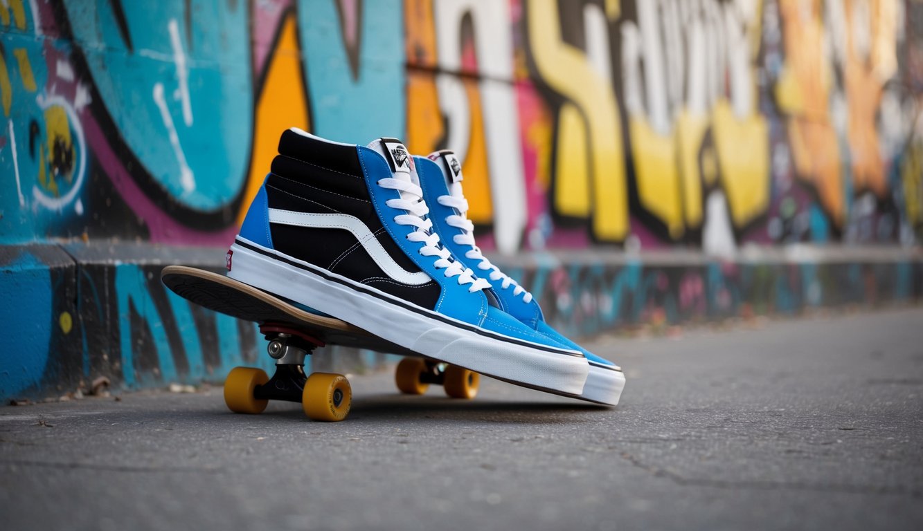 Sepasang sepatu Vans Sk8-Hi diletakkan di atas papan seluncur di samping dinding yang dipenuhi grafiti