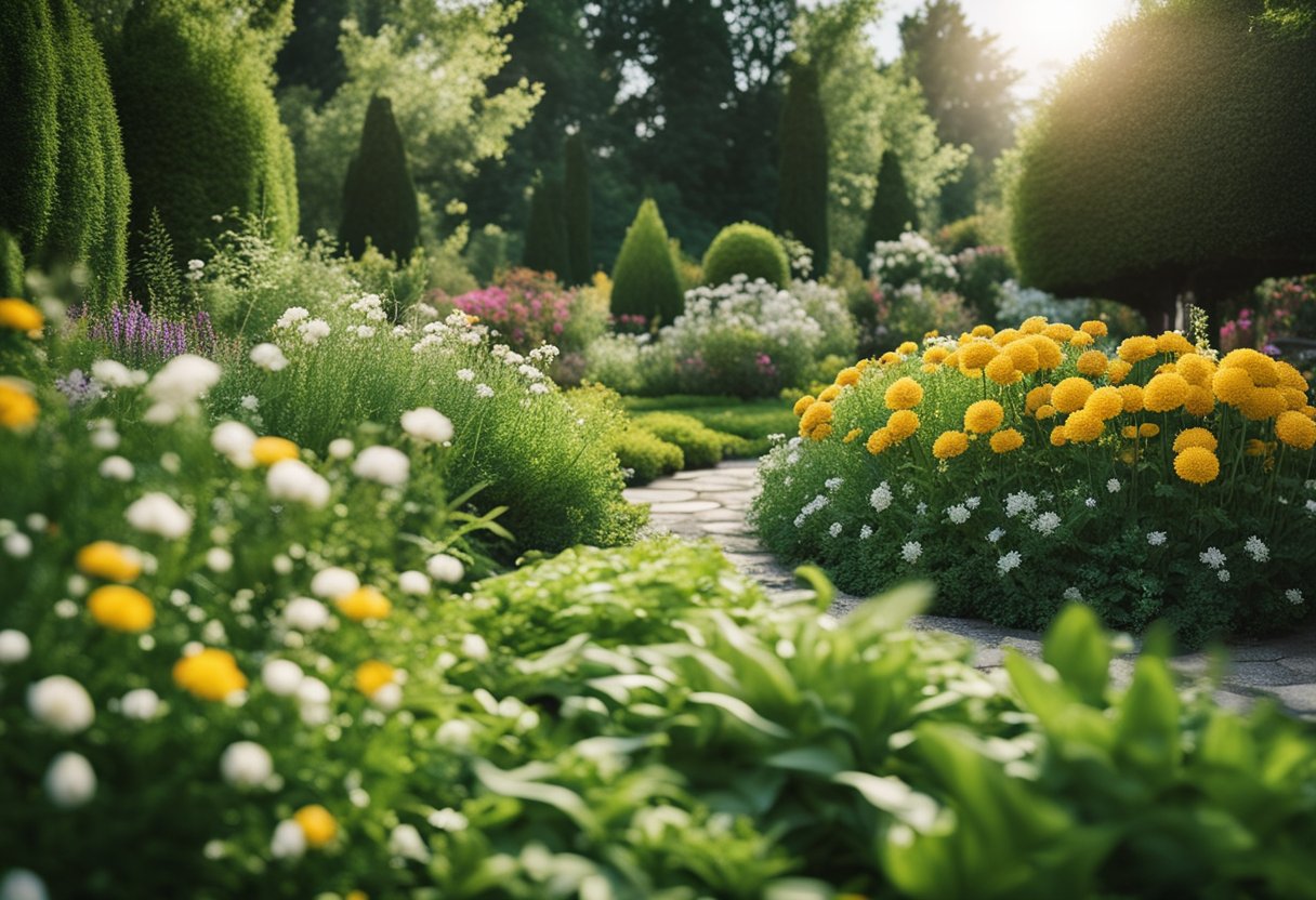 A lush, vibrant garden with blooming flowers and thriving plants, surrounded by a peaceful, natural landscape