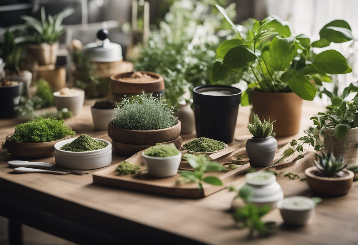 A table with various Flora Restore products surrounded by plants and flowers for a comparative analysis